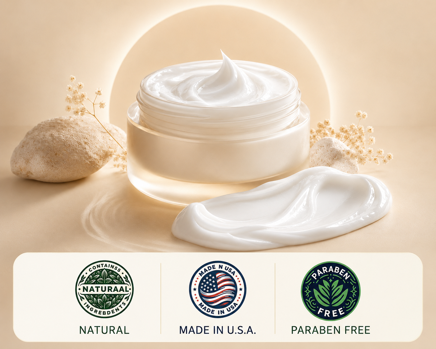 Luxury skincare cream in a warm spa setting with natural, Made in USA, and paraben-free certifications